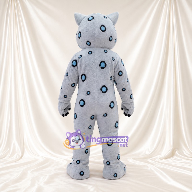 Gray Snow Leopard Mascot Costume - Blue Ring Spots and White Belly Gray Snow Leopard Mascot Costume - Blue Ring Spots and White Belly