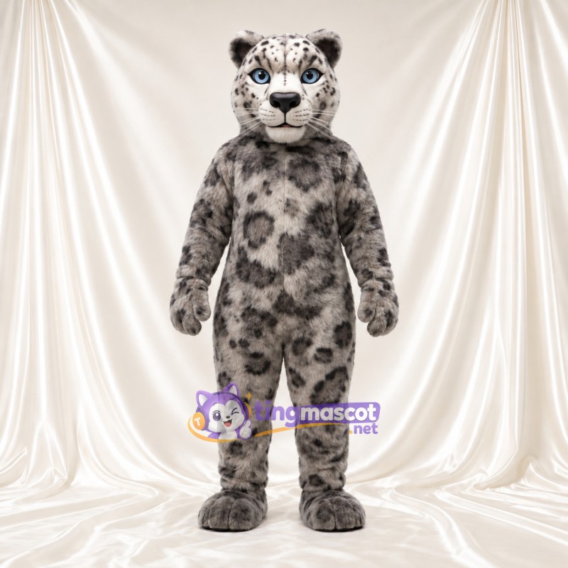 Gray Snow Leopard Mascot Costume - Blue Eyes and Large Dark Spots Gray Snow Leopard Mascot Costume - Blue Eyes and Large Dark Spots