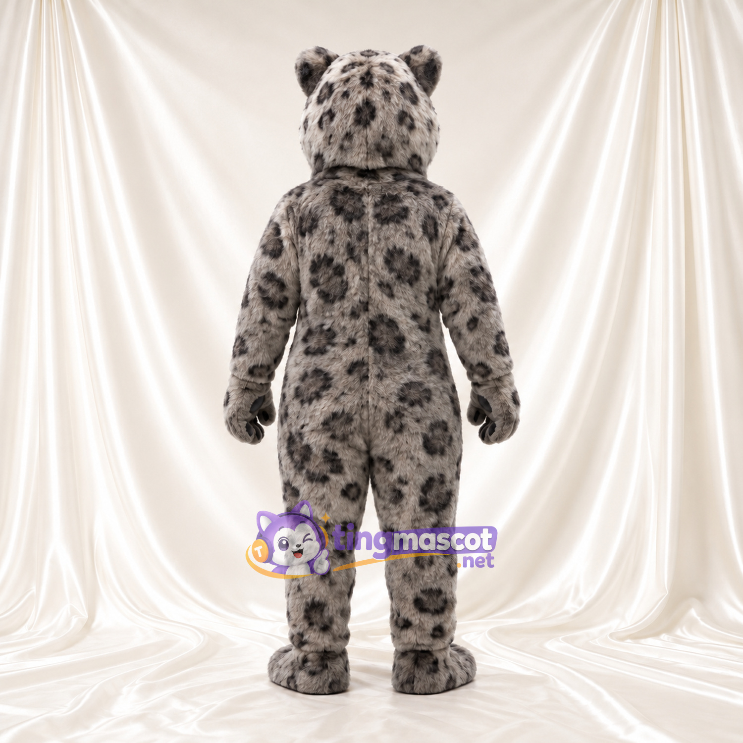 Gray Snow Leopard Mascot Costume - Blue Eyes and Large Dark Spots Gray Snow Leopard Mascot Costume - Blue Eyes and Large Dark Spots