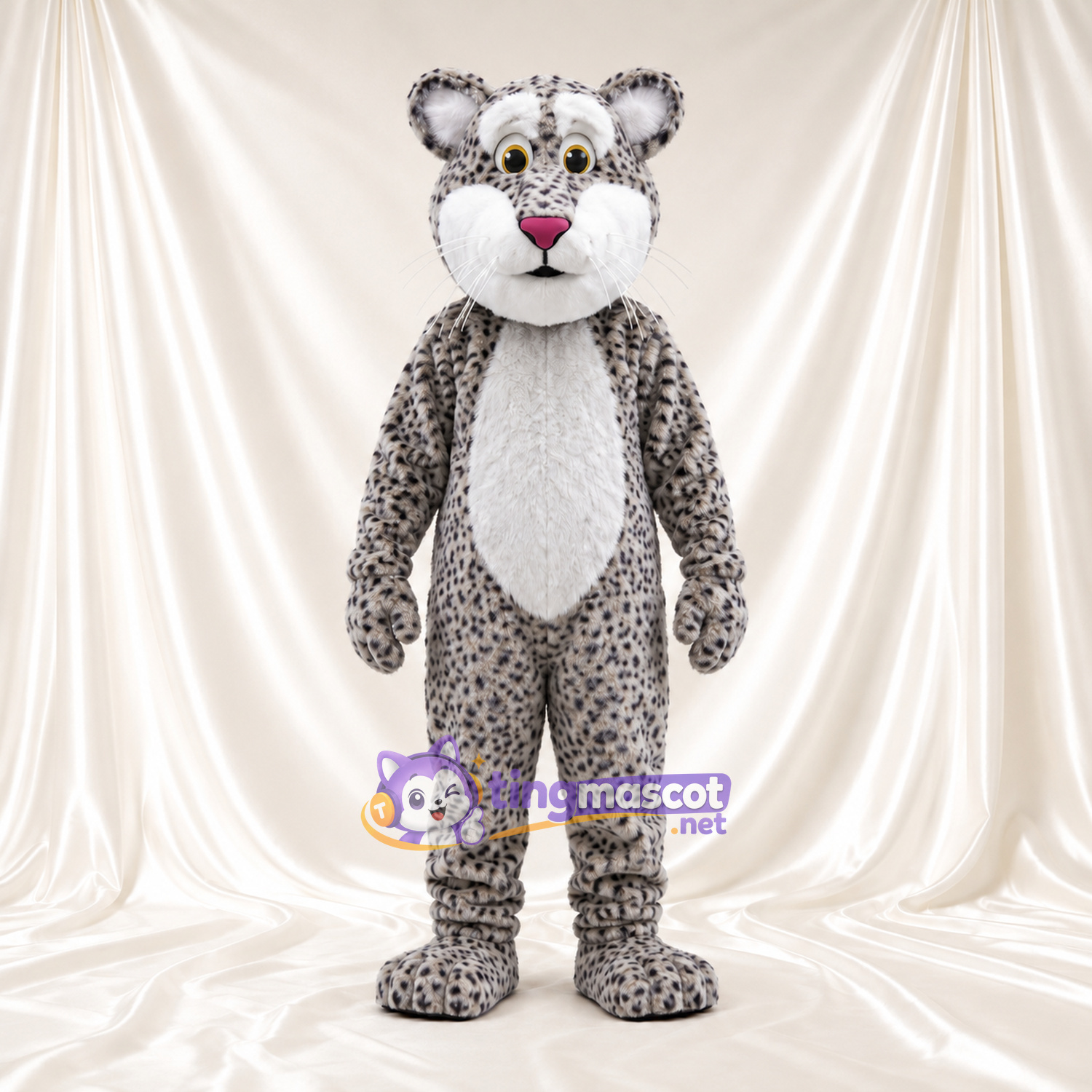 Gray Snow Leopard Mascot Costume - White Belly and Round Cheeks Gray Snow Leopard Mascot Costume - White Belly and Round Cheeks