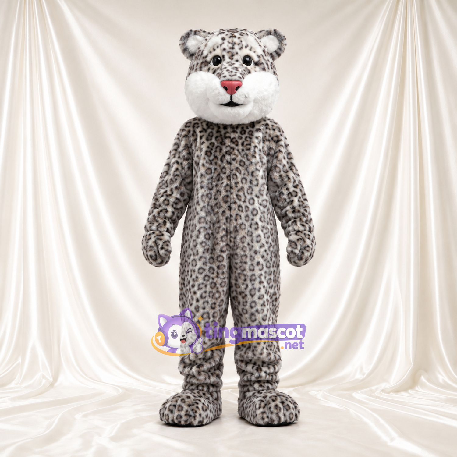 Gray Snow Leopard Mascot Costume - White Cheeks and Pink Nose Gray Snow Leopard Mascot Costume - White Cheeks and Pink Nose