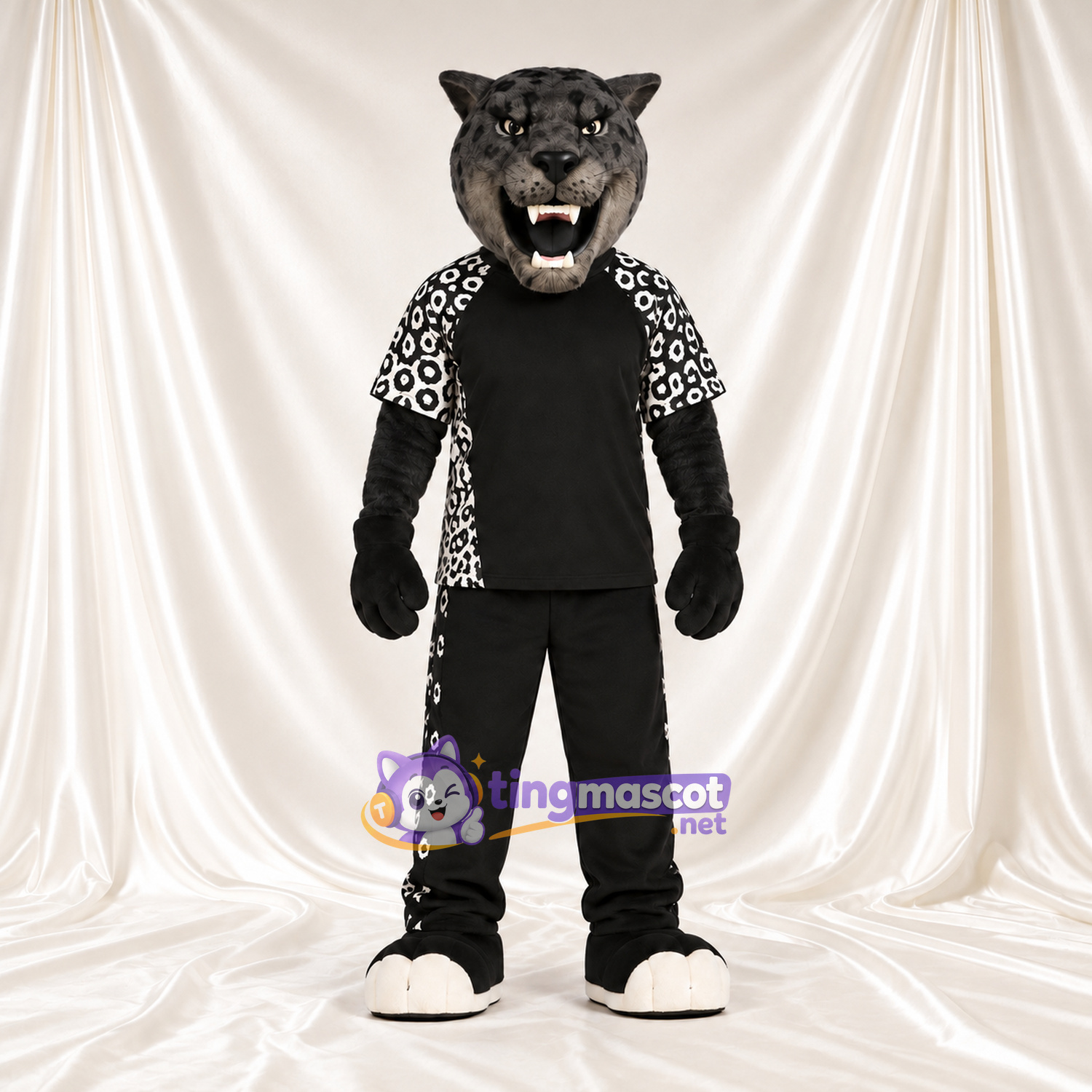 Black Panther Mascot Costume - Black Sports Outfit with Spotted Sleeves Black Panther Mascot Costume - Black Sports Outfit with Spotted Sleeves