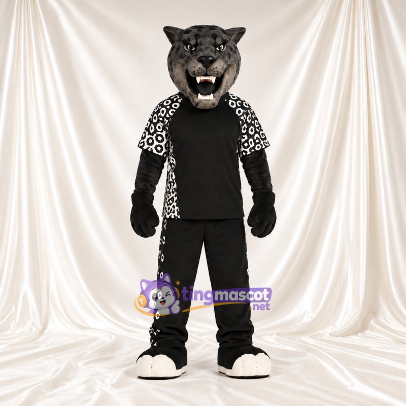 Black Panther Mascot Costume - Black Sports Outfit with Spotted Sleeves Black Panther Mascot Costume - Black Sports Outfit with Spotted Sleeves