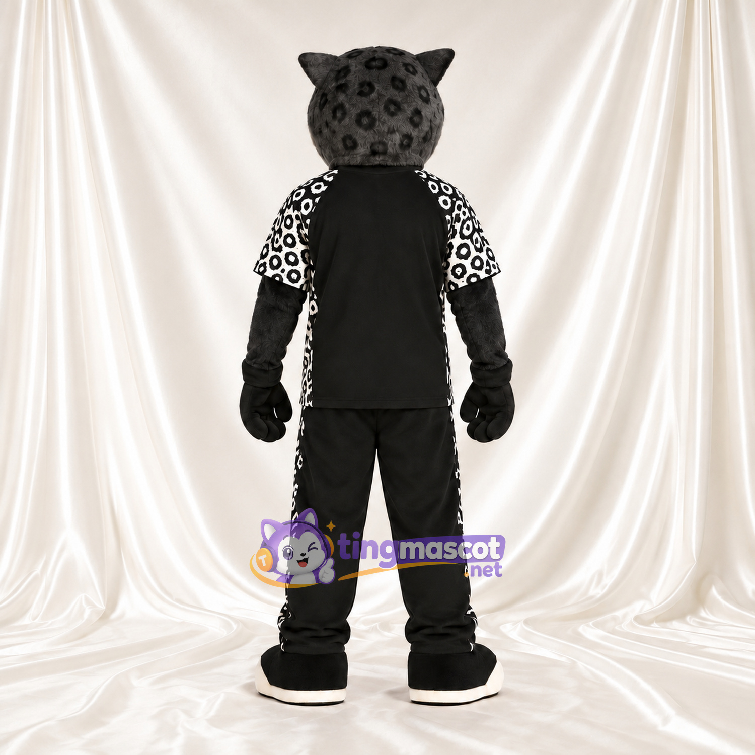 Black Panther Mascot Costume - Black Sports Outfit with Spotted Sleeves Black Panther Mascot Costume - Black Sports Outfit with Spotted Sleeves