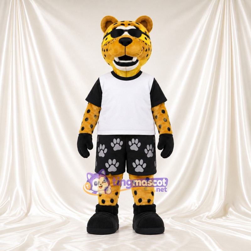 Costume de mascotte Léopard – jaune – Chemise (blanc); Short (noir) Costume de mascotte Léopard – jaune – Chemise (blanc); Short (noir)
