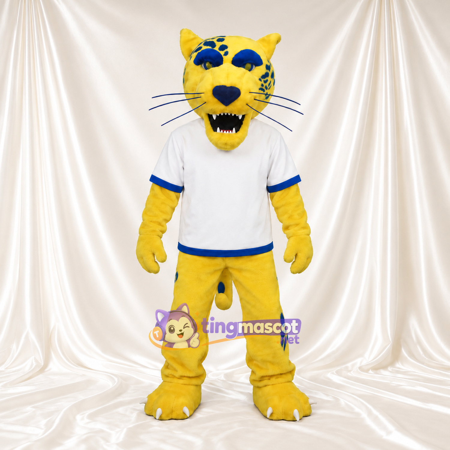 Costume de mascotte Chat sauvage – jaune – Chemise (bleu, blanc); Moustaches (long) Costume de mascotte Chat sauvage – jaune – Chemise (bleu, blanc); Moustaches (long)