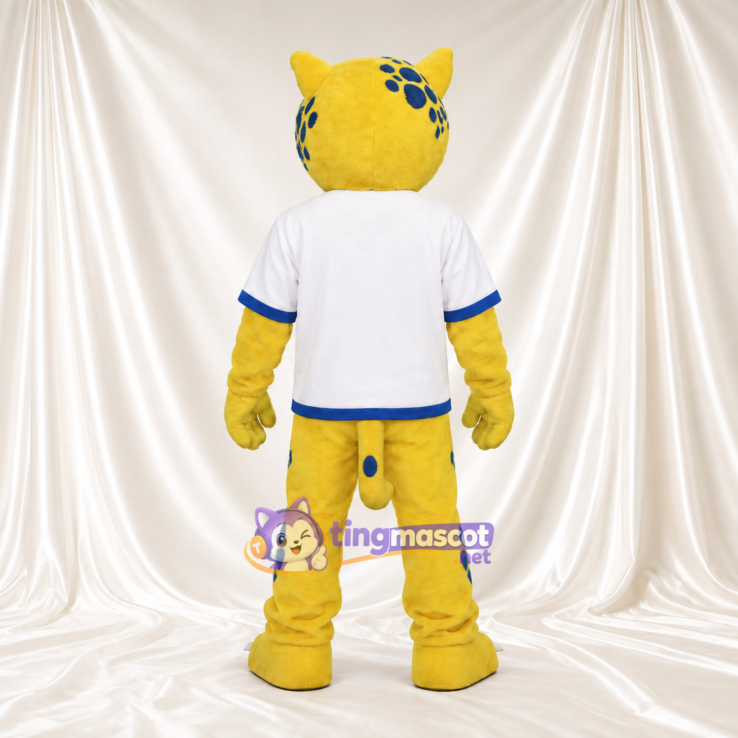 Costume de mascotte Chat sauvage – jaune – Chemise (bleu, blanc); Moustaches (long) Costume de mascotte Chat sauvage – jaune – Chemise (bleu, blanc); Moustaches (long)