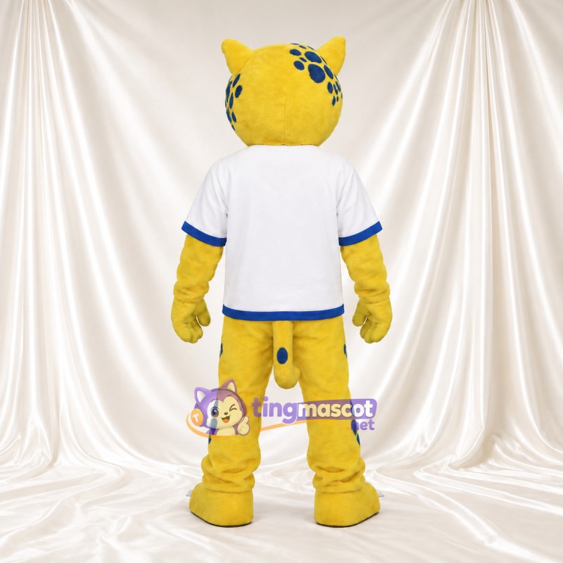 Costume de mascotte Chat sauvage – jaune – Chemise (bleu, blanc); Moustaches (long) Costume de mascotte Chat sauvage – jaune – Chemise (bleu, blanc); Moustaches (long)