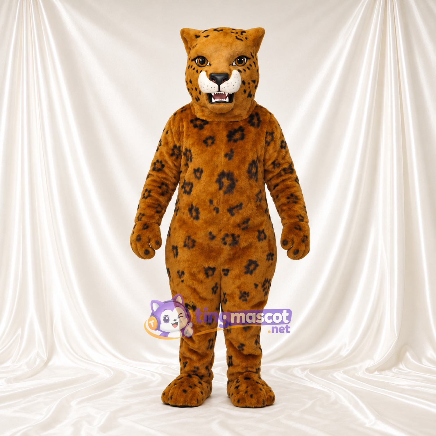 Costume de mascotte Léopard – orange – Taches (grand); Ventre rond Costume de mascotte Léopard – orange – Taches (grand); Ventre rond