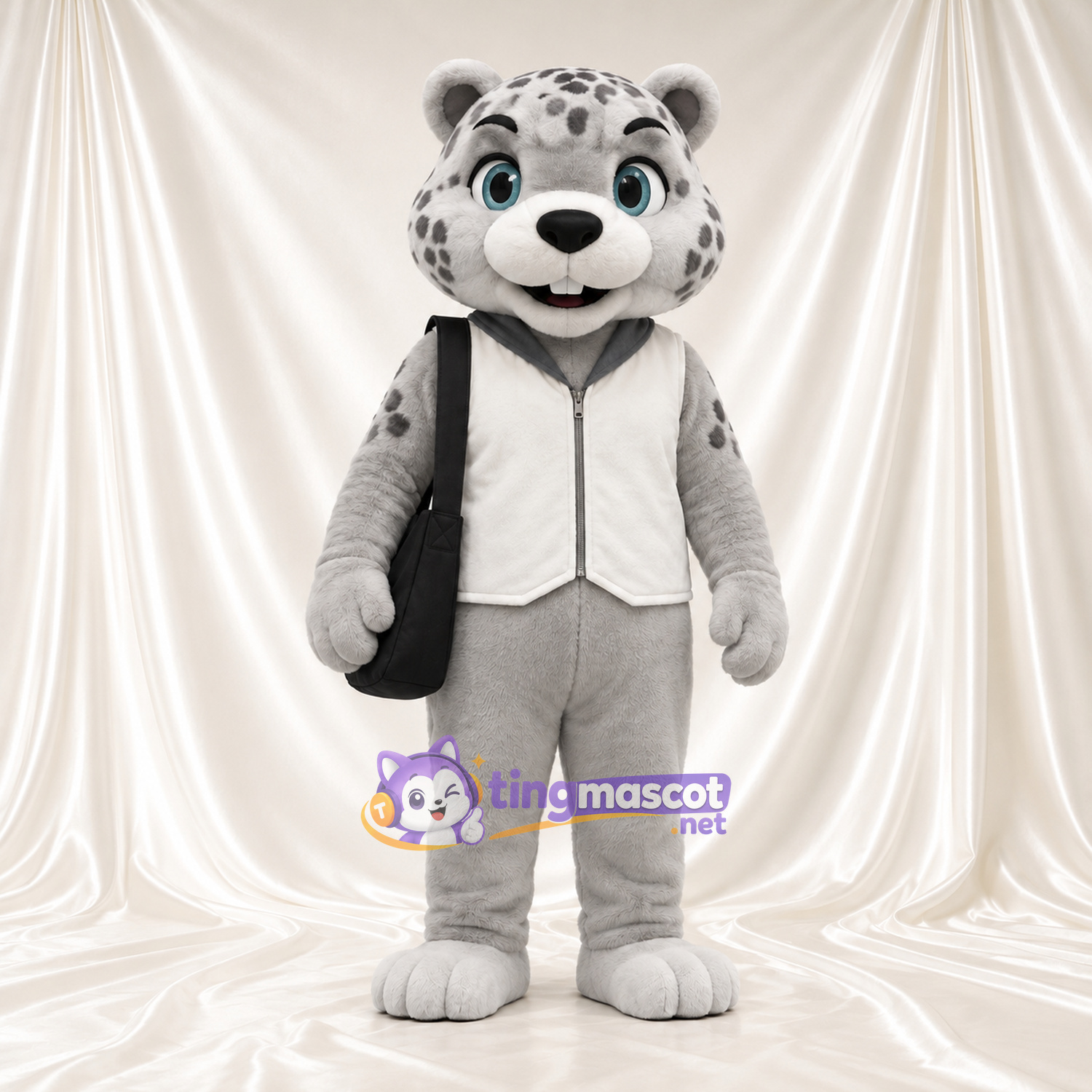Gray Snow Leopard Mascot Costume - White Zip Vest and Shoulder Bag Gray Snow Leopard Mascot Costume - White Zip Vest and Shoulder Bag