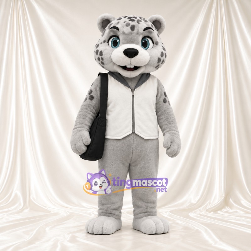 Gray Snow Leopard Mascot Costume - White Zip Vest and Shoulder Bag Gray Snow Leopard Mascot Costume - White Zip Vest and Shoulder Bag