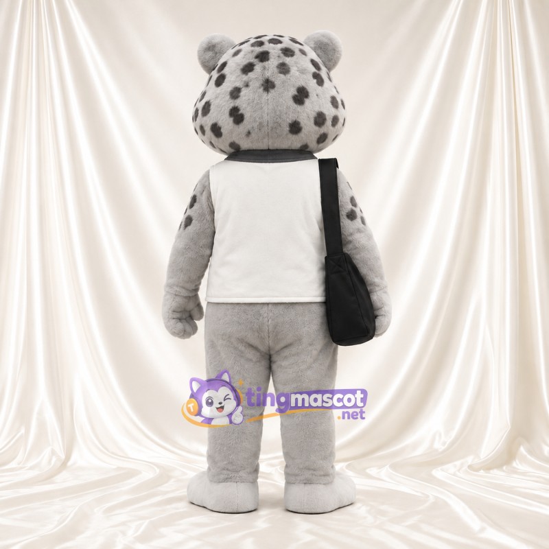 Gray Snow Leopard Mascot Costume - White Zip Vest and Shoulder Bag Gray Snow Leopard Mascot Costume - White Zip Vest and Shoulder Bag
