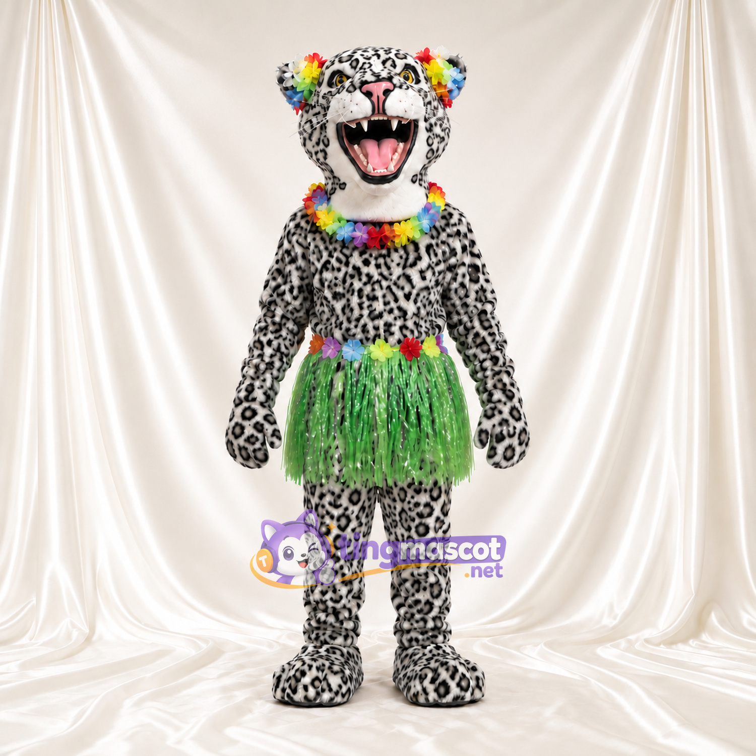 Costume de mascotte Léopard des neiges – blanc – Jupe (vert); Collier de fleurs Costume de mascotte Léopard des neiges – blanc – Jupe (vert); Collier de fleurs