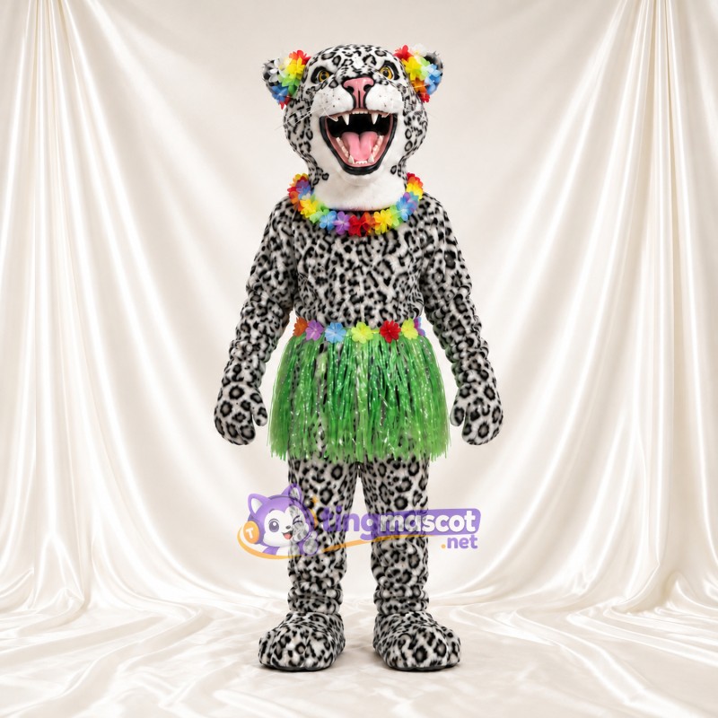 Costume de mascotte Léopard des neiges – blanc – Jupe (vert); Collier de fleurs Costume de mascotte Léopard des neiges – blanc – Jupe (vert); Collier de fleurs