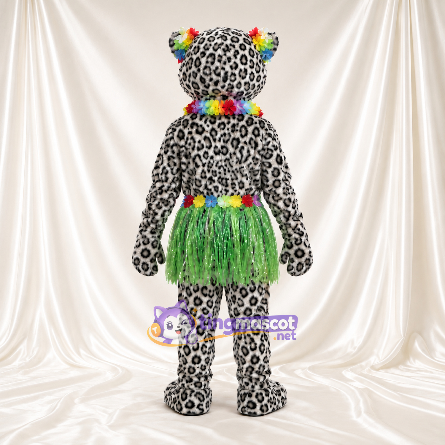 Costume de mascotte Léopard des neiges – blanc – Jupe (vert); Collier de fleurs Costume de mascotte Léopard des neiges – blanc – Jupe (vert); Collier de fleurs