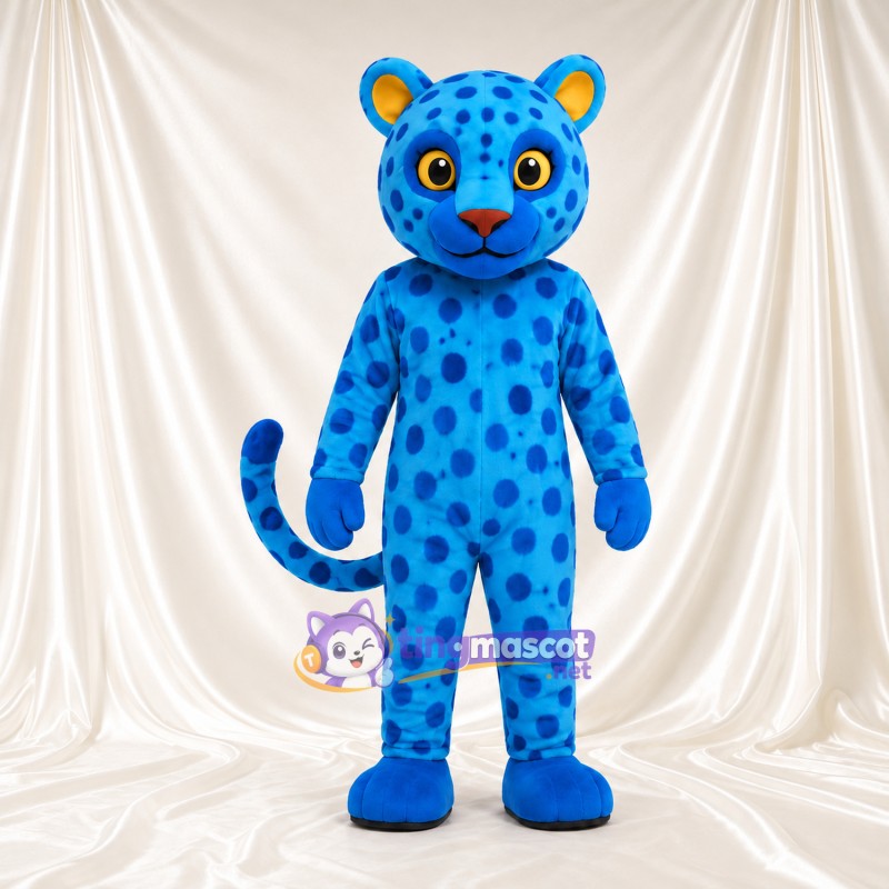 Blue Leopard Mascot Costume - Dark Blue Spots and Yellow Eyes Blue Leopard Mascot Costume - Dark Blue Spots and Yellow Eyes