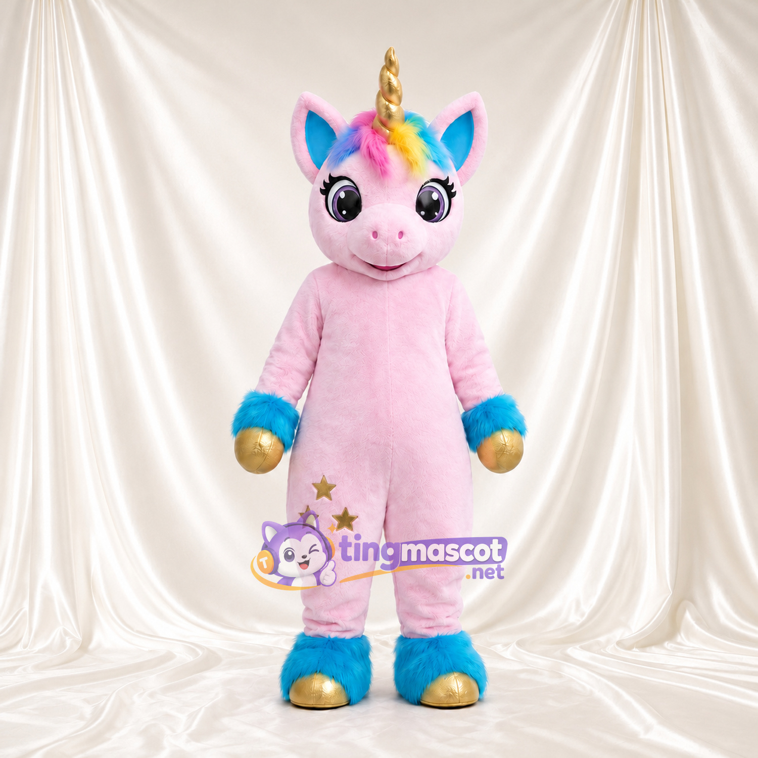 Maskottchenkostüm Einhorn – rosa – Horn (goldfarben); Hufe (blau) Maskottchenkostüm Einhorn – rosa – Horn (goldfarben); Hufe (blau)