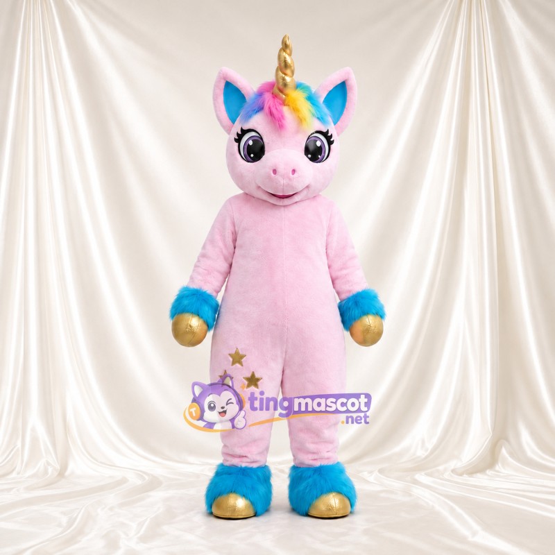 Maskottchenkostüm Einhorn – rosa – Horn (goldfarben); Hufe (blau) Maskottchenkostüm Einhorn – rosa – Horn (goldfarben); Hufe (blau)