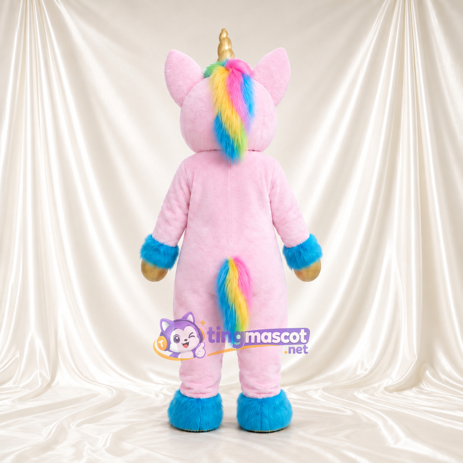 Maskottchenkostüm Einhorn – rosa – Horn (goldfarben); Hufe (blau) Maskottchenkostüm Einhorn – rosa – Horn (goldfarben); Hufe (blau)