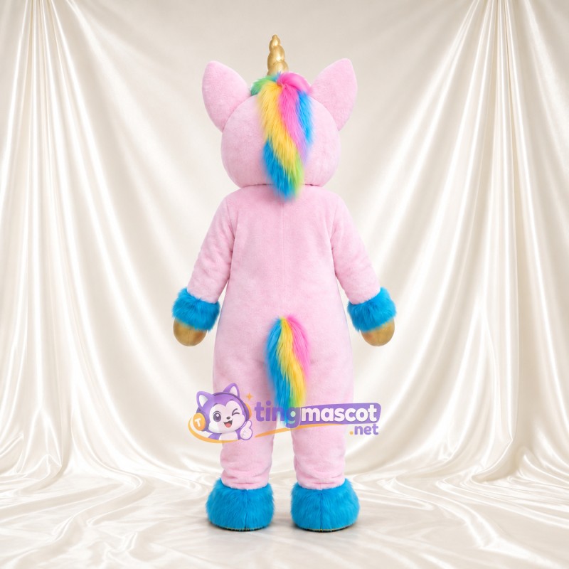 Maskottchenkostüm Einhorn – rosa – Horn (goldfarben); Hufe (blau) Maskottchenkostüm Einhorn – rosa – Horn (goldfarben); Hufe (blau)