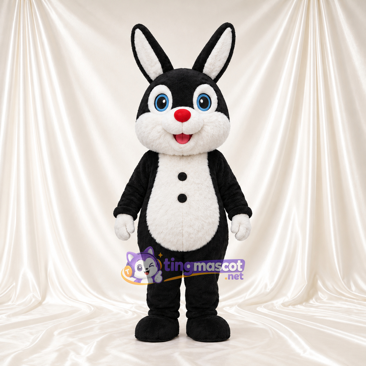 Black and White Rabbit Mascot Costume - Red Nose and Button Belly Black and White Rabbit Mascot Costume - Red Nose and Button Belly