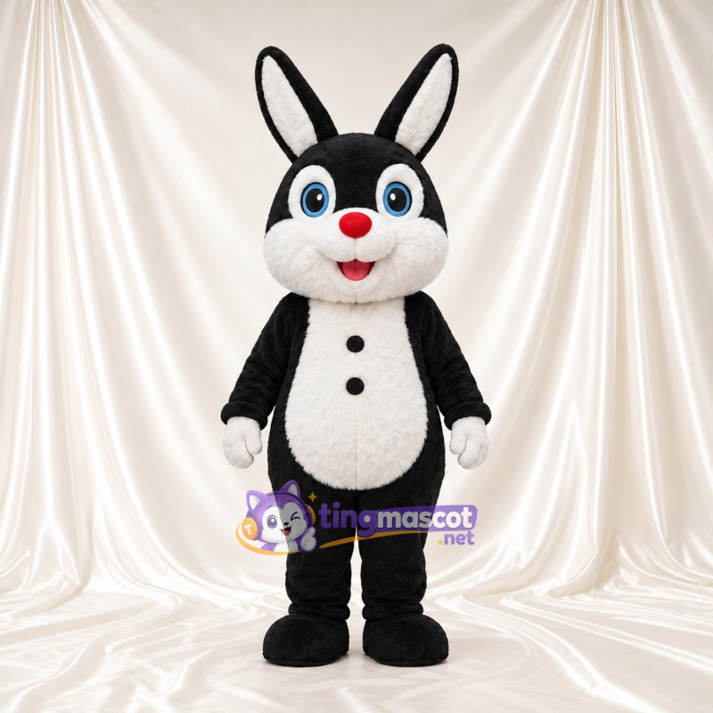 Black and White Rabbit Mascot Costume - Red Nose and Button Belly Black and White Rabbit Mascot Costume - Red Nose and Button Belly