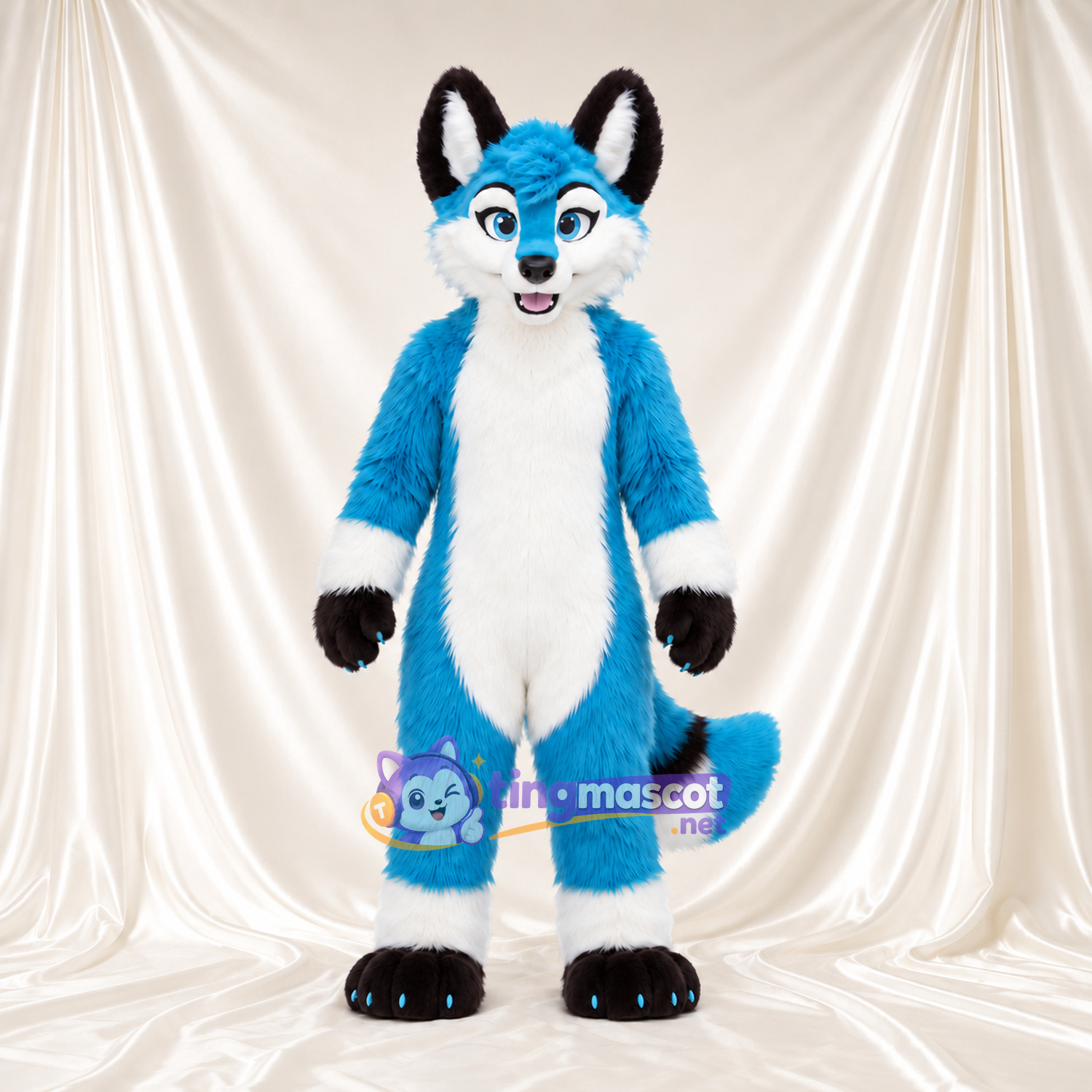 Costume de mascotte Renard – bleu – Ventre (blanc); Pattes (noir) Costume de mascotte Renard – bleu – Ventre (blanc); Pattes (noir)