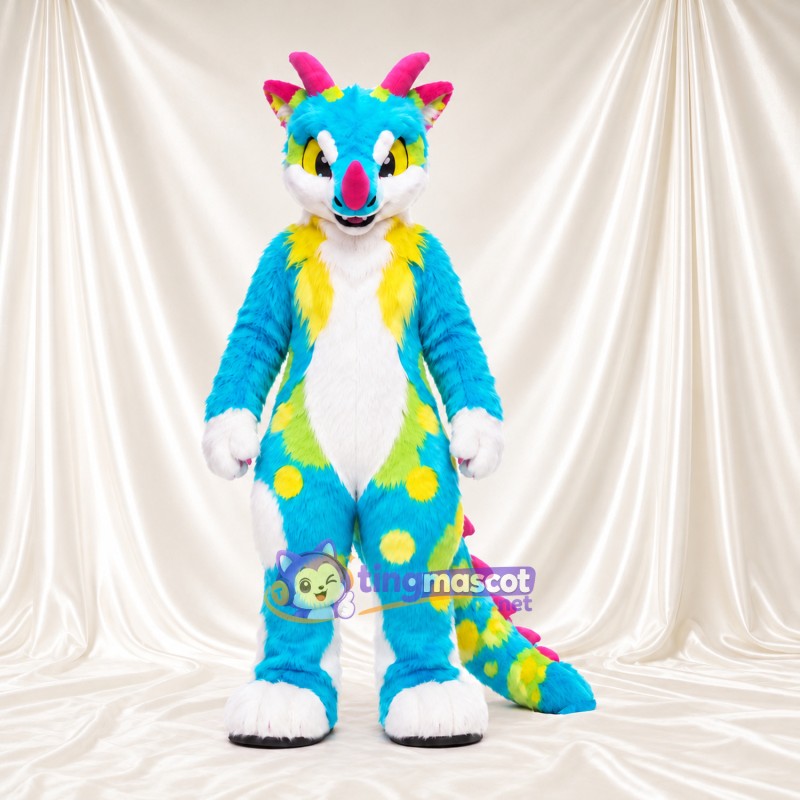 Costume de mascotte Dragon – bleu – Taches (jaune); Cornes (rose) Costume de mascotte Dragon – bleu – Taches (jaune); Cornes (rose)