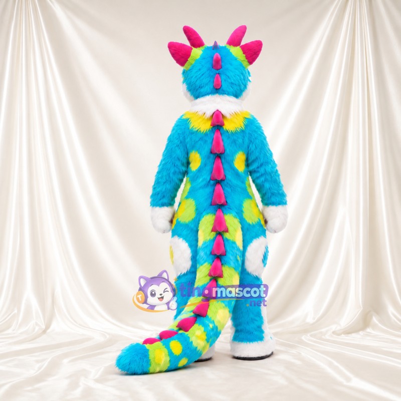 Costume de mascotte Dragon – bleu – Taches (jaune); Cornes (rose) Costume de mascotte Dragon – bleu – Taches (jaune); Cornes (rose)