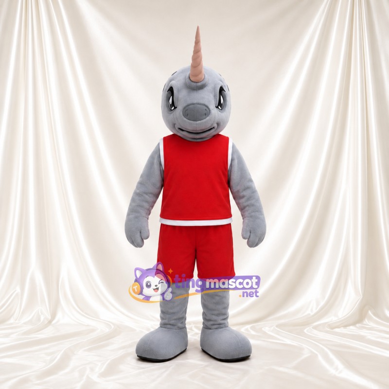 Maskottchenkostüm Narwal – grau – Outfit (rot, sportlich); Horn (lang) Maskottchenkostüm Narwal – grau – Outfit (rot, sportlich); Horn (lang)