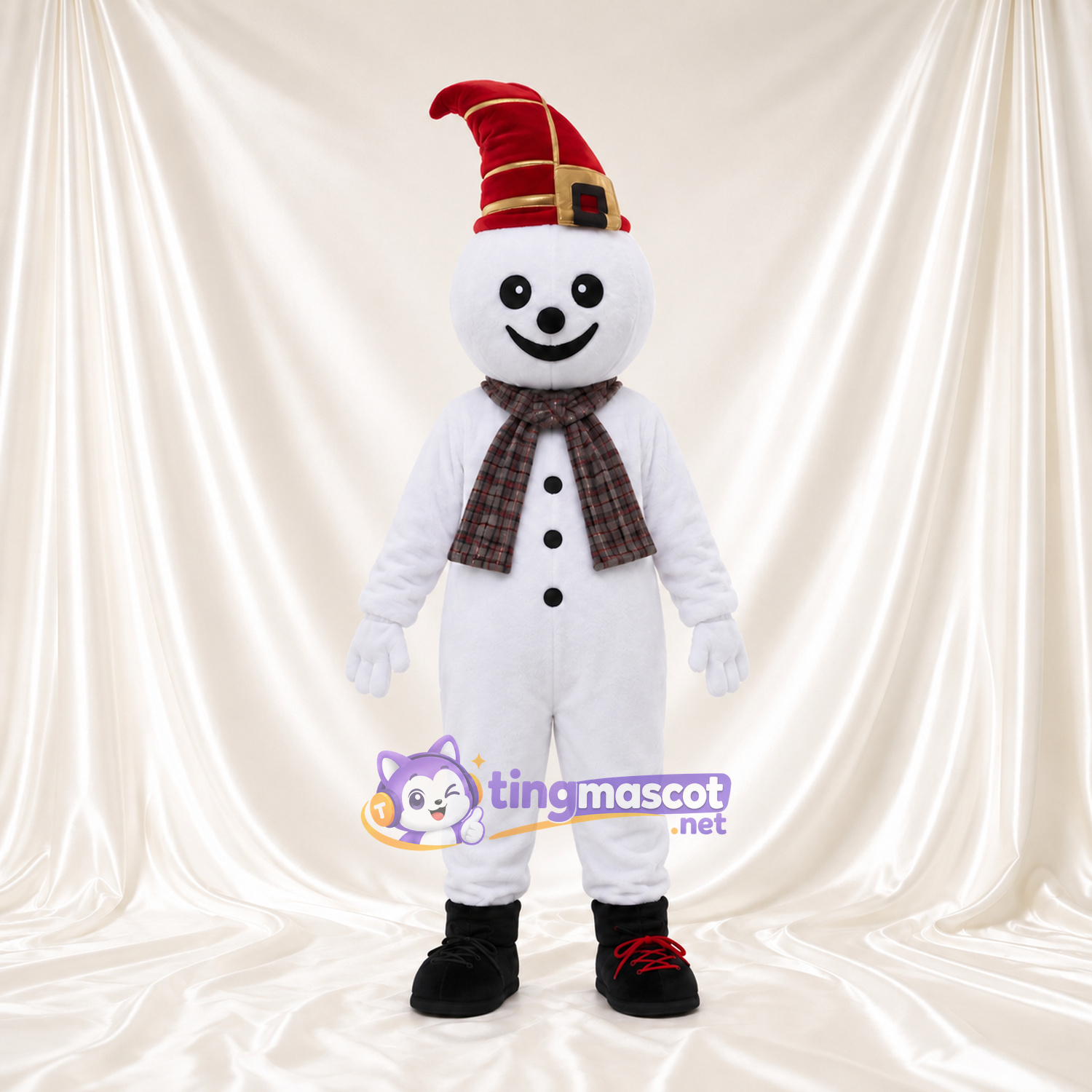 Maskottchenkostüm Schneemann – wie abgebildet – Hut (rot, spitz); Schal (kariert) Maskottchenkostüm Schneemann – wie abgebildet – Hut (rot, spitz); Schal (kariert)