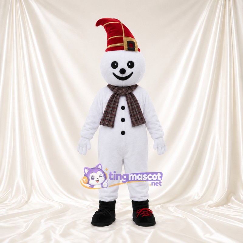 Maskottchenkostüm Schneemann – wie abgebildet – Hut (rot, spitz); Schal (kariert) Maskottchenkostüm Schneemann – wie abgebildet – Hut (rot, spitz); Schal (kariert)