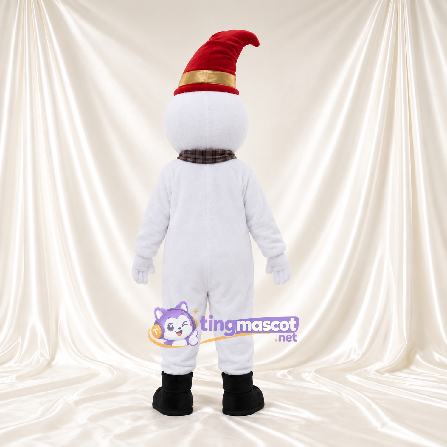 Maskottchenkostüm Schneemann – wie abgebildet – Hut (rot, spitz); Schal (kariert) Maskottchenkostüm Schneemann – wie abgebildet – Hut (rot, spitz); Schal (kariert)