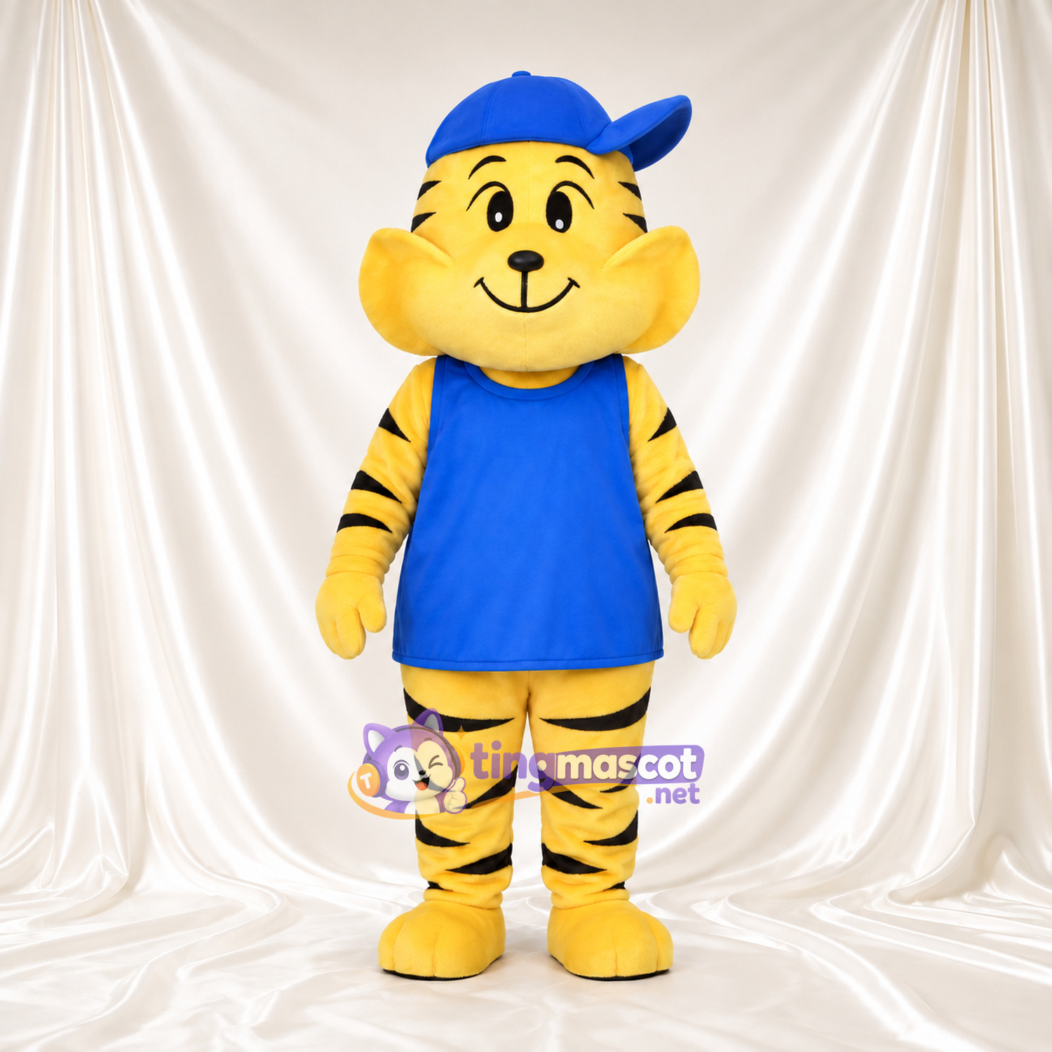 Costume de mascotte Tigre – jaune – Casquette (bleu); Chemise Costume de mascotte Tigre – jaune – Casquette (bleu); Chemise