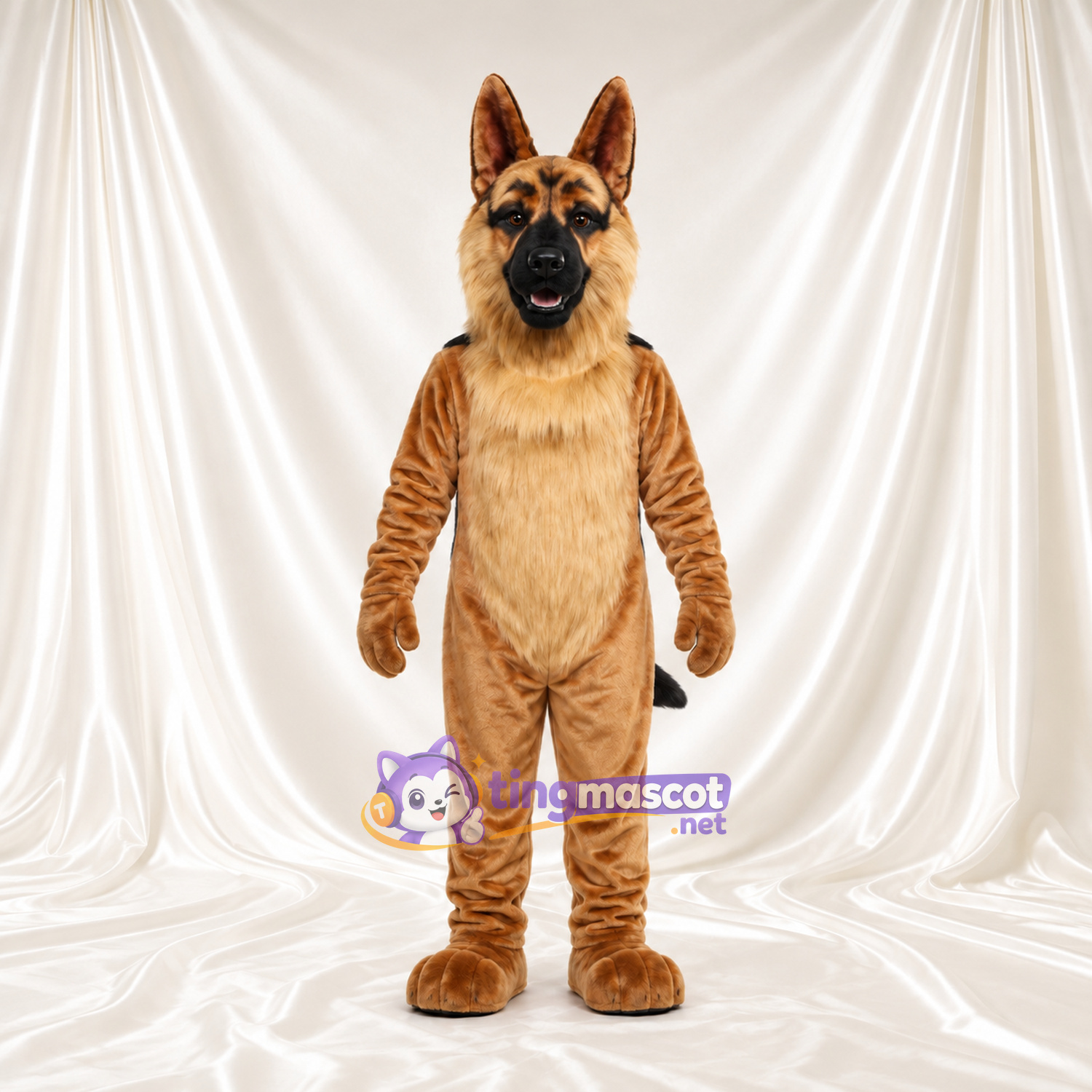 Maskottchenkostüm Deutscher Schäferhund – wie abgebildet – Fell (hellbraun); Schnauze (schwarz) Maskottchenkostüm Deutscher Schäferhund – wie abgebildet – Fell (hellbraun); Schnauze (schwarz)
