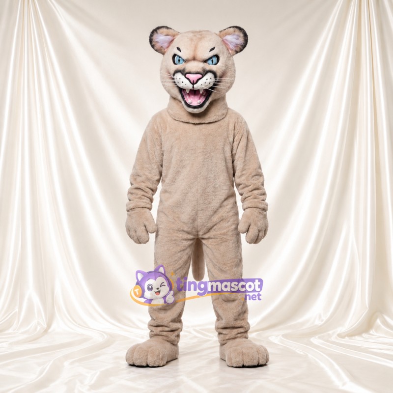 Costume de mascotte Puma – brun clair – Nez (rose); Sourire Costume de mascotte Puma – brun clair – Nez (rose); Sourire