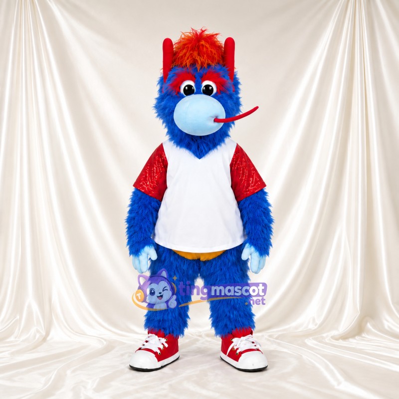 Blue Dragon Mascot Costume - Red Crest and White Sports Shirt Blue Dragon Mascot Costume - Red Crest and White Sports Shirt