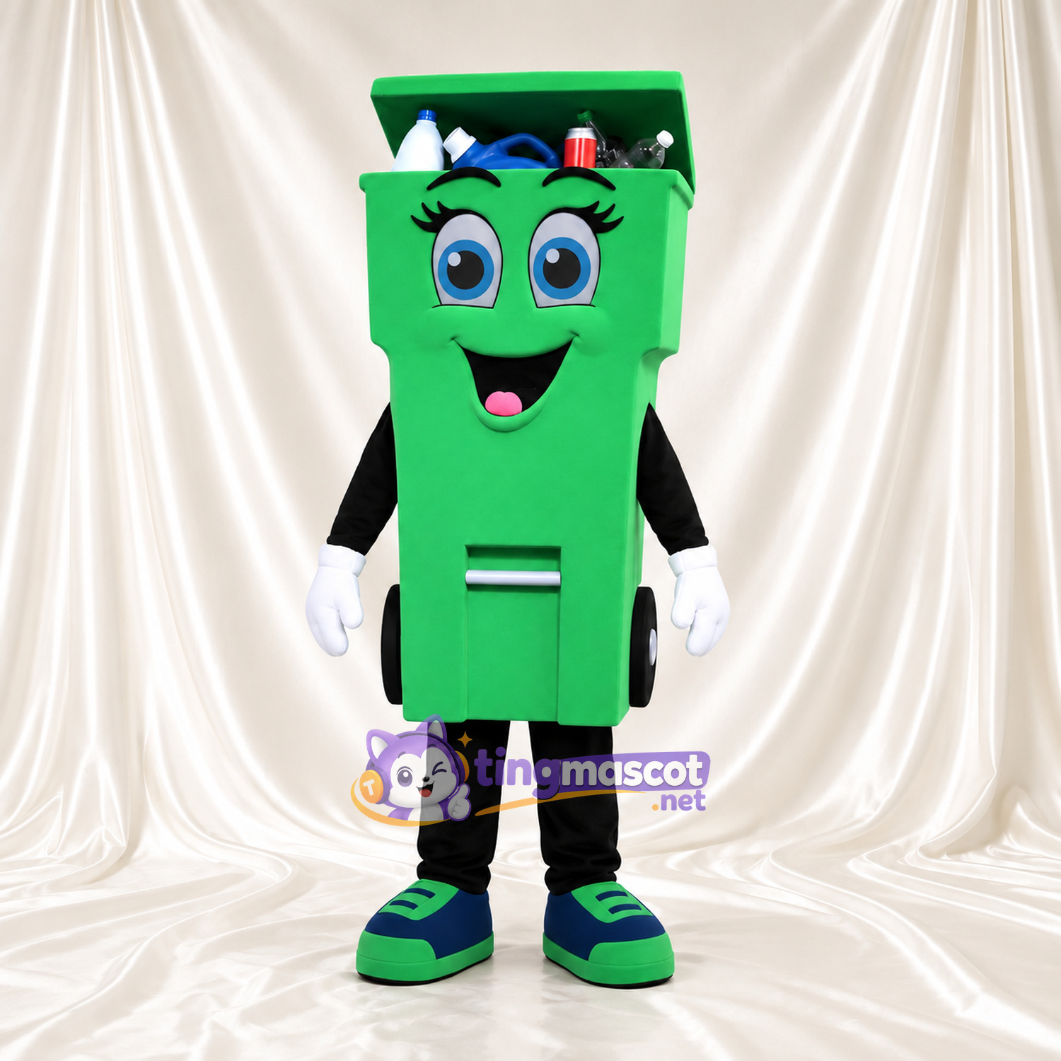 Costume de mascotte Bac de recyclage – vert – Couvercle (ouvert); Visage souriant Costume de mascotte Bac de recyclage – vert – Couvercle (ouvert); Visage souriant