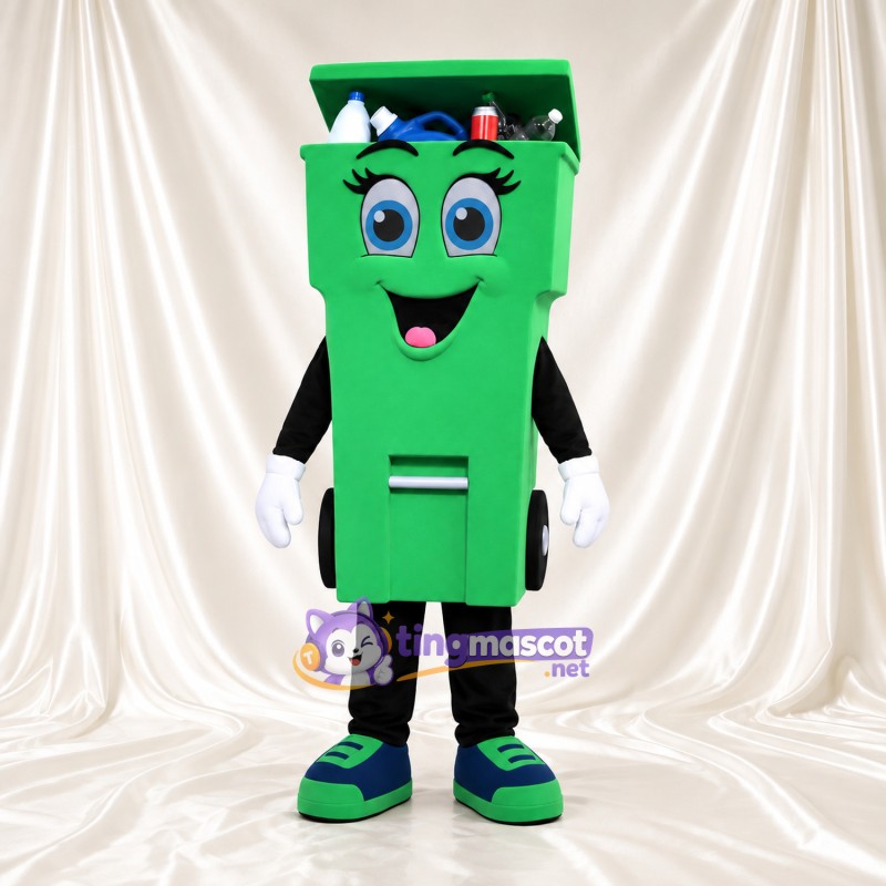 Costume de mascotte Bac de recyclage – vert – Couvercle (ouvert); Visage souriant Costume de mascotte Bac de recyclage – vert – Couvercle (ouvert); Visage souriant