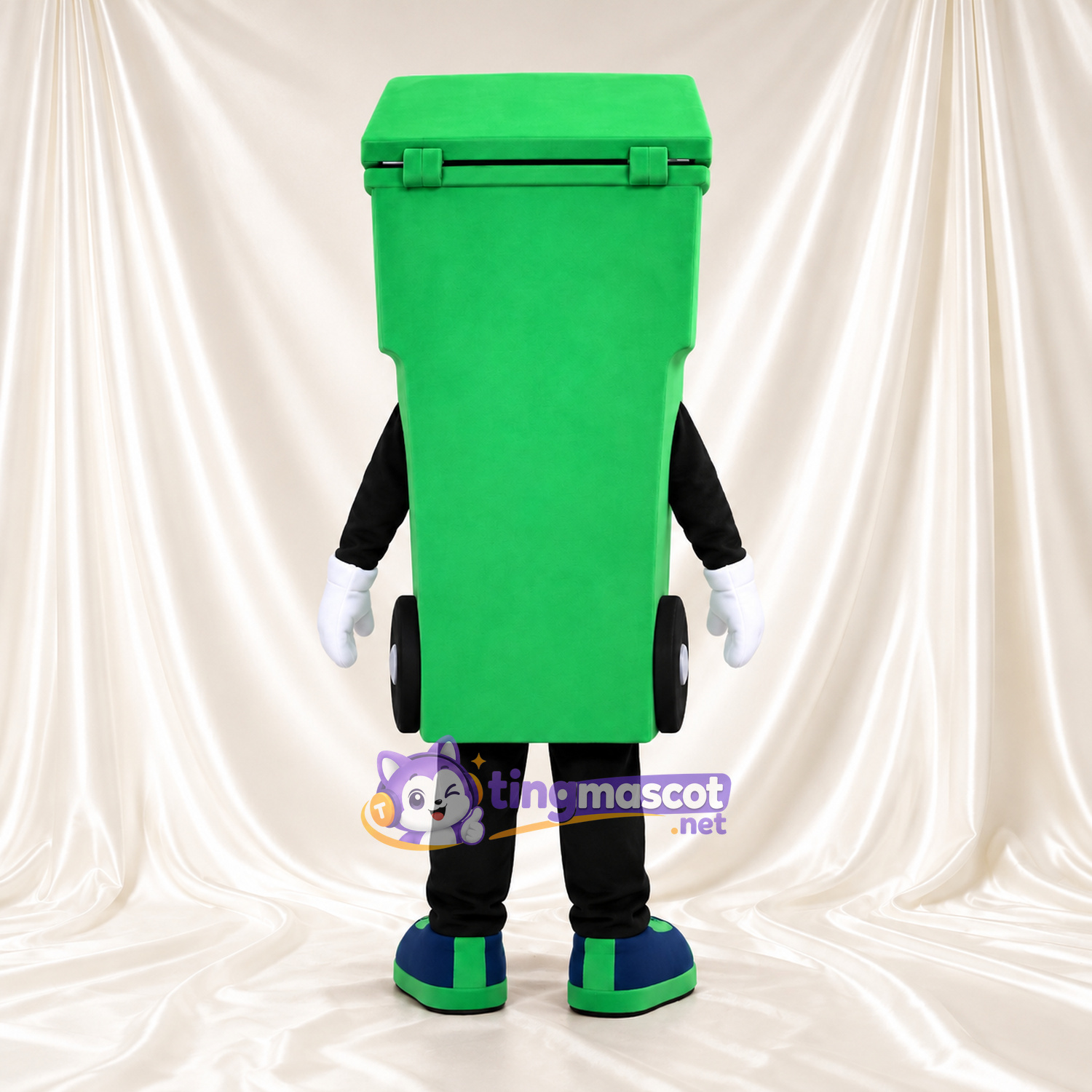 Costume de mascotte Bac de recyclage – vert – Couvercle (ouvert); Visage souriant Costume de mascotte Bac de recyclage – vert – Couvercle (ouvert); Visage souriant