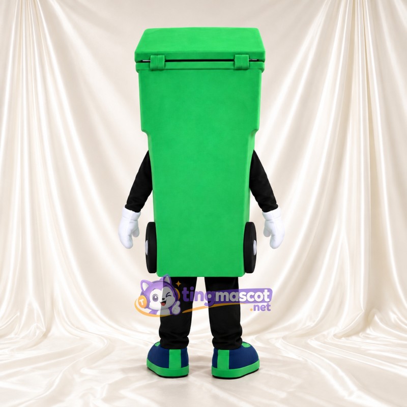 Costume de mascotte Bac de recyclage – vert – Couvercle (ouvert); Visage souriant Costume de mascotte Bac de recyclage – vert – Couvercle (ouvert); Visage souriant