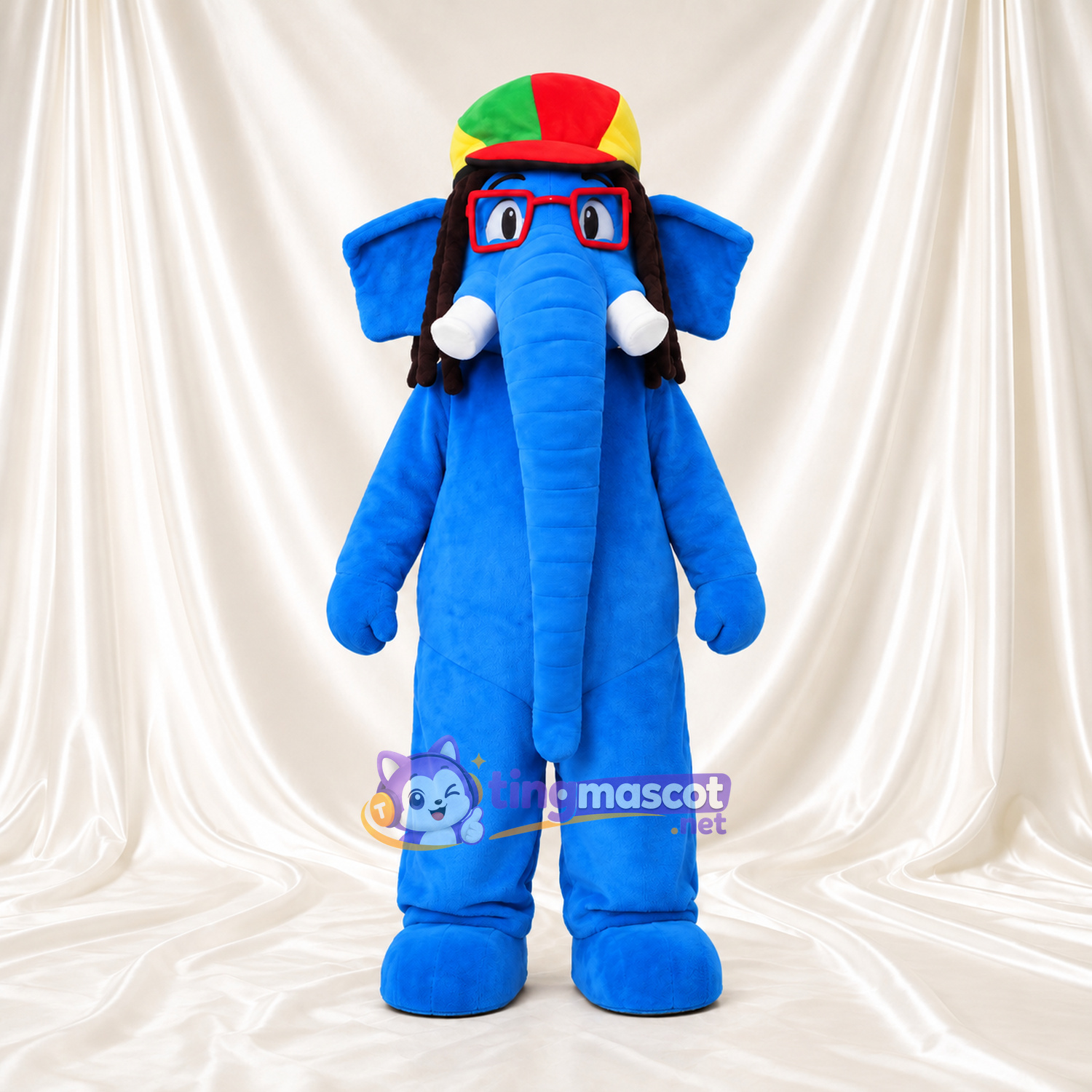 Blue Elephant Mascot Costume - Colorful Cap and Red Glasses Blue Elephant Mascot Costume - Colorful Cap and Red Glasses