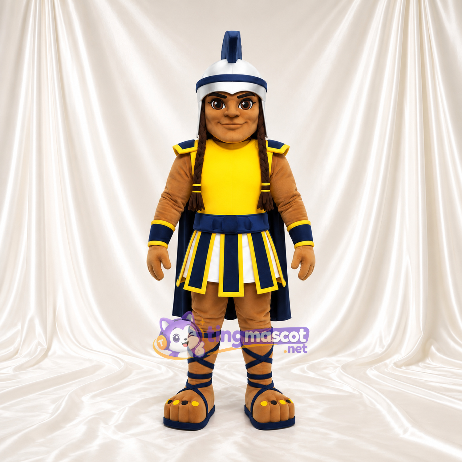 Costume de mascotte Guerrier romain – selon la photo – Armure (jaune); Cape (bleu)