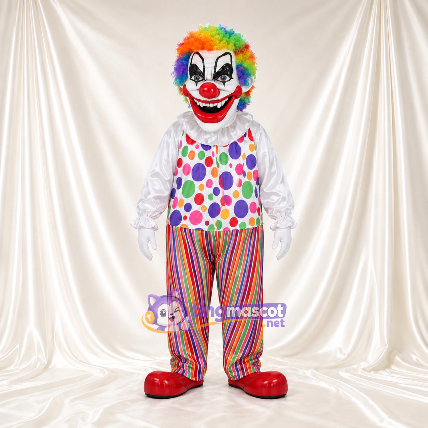 Maskottchenkostüm Clown – wie abgebildet – Haare (regenbogenfarben); Hemd (gepunktet) Maskottchenkostüm Clown – wie abgebildet – Haare (regenbogenfarben); Hemd (gepunktet)