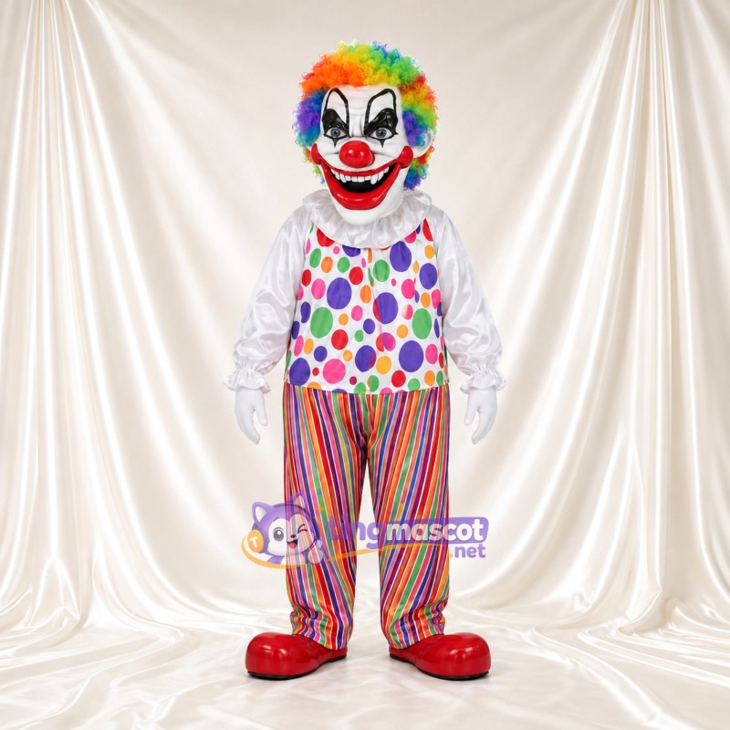 Maskottchenkostüm Clown – wie abgebildet – Haare (regenbogenfarben); Hemd (gepunktet) Maskottchenkostüm Clown – wie abgebildet – Haare (regenbogenfarben); Hemd (gepunktet)