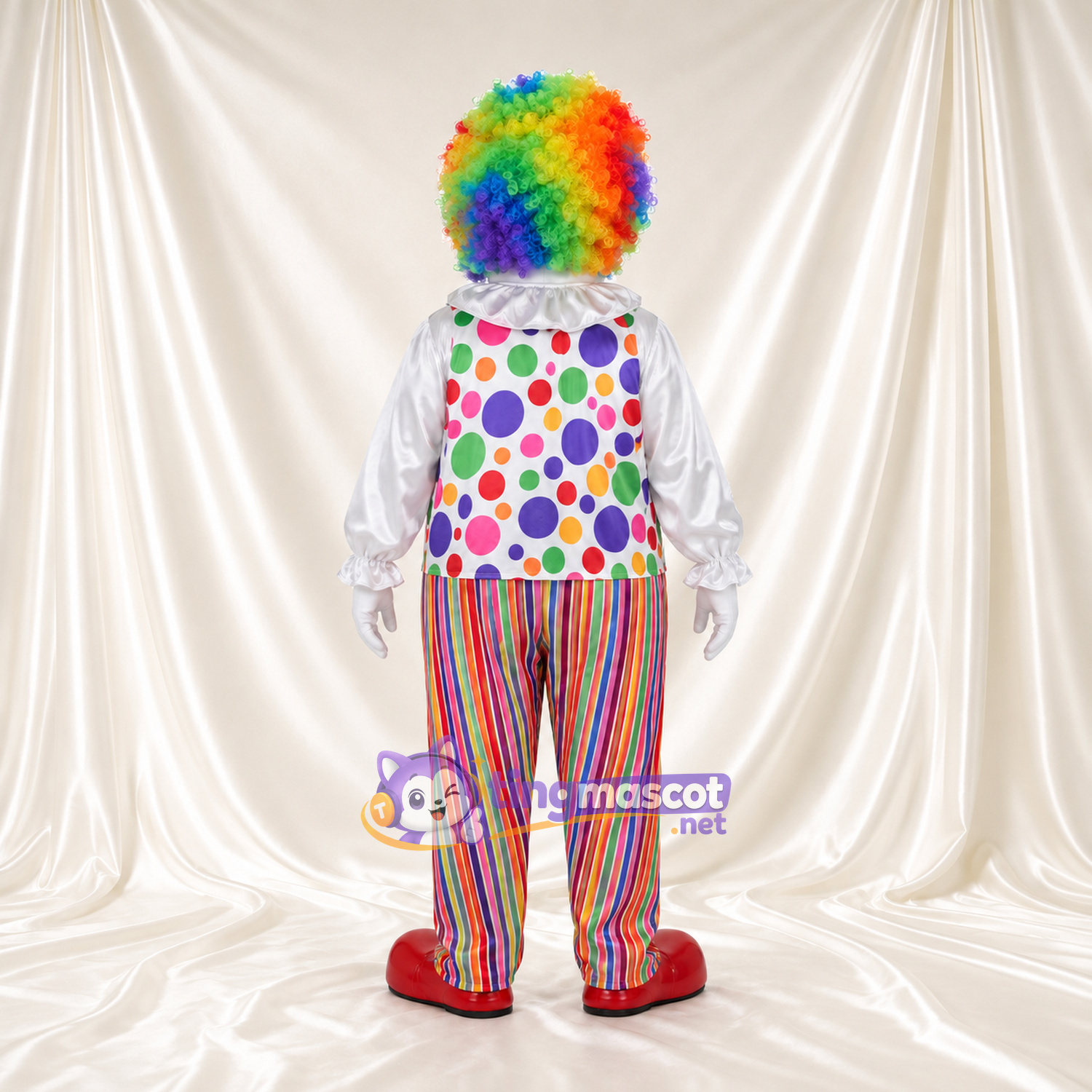Maskottchenkostüm Clown – wie abgebildet – Haare (regenbogenfarben); Hemd (gepunktet) Maskottchenkostüm Clown – wie abgebildet – Haare (regenbogenfarben); Hemd (gepunktet)