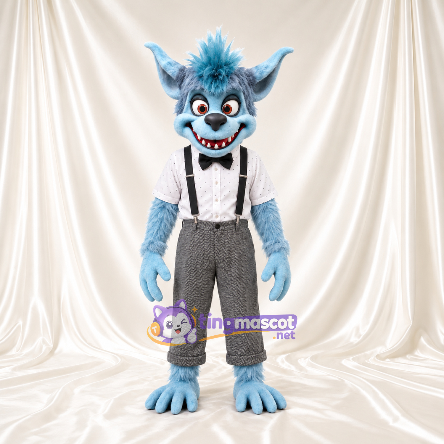 Costume de mascotte Monstre – bleu – Nœud papillon (noir); Pantalon (gris) Costume de mascotte Monstre – bleu – Nœud papillon (noir); Pantalon (gris)