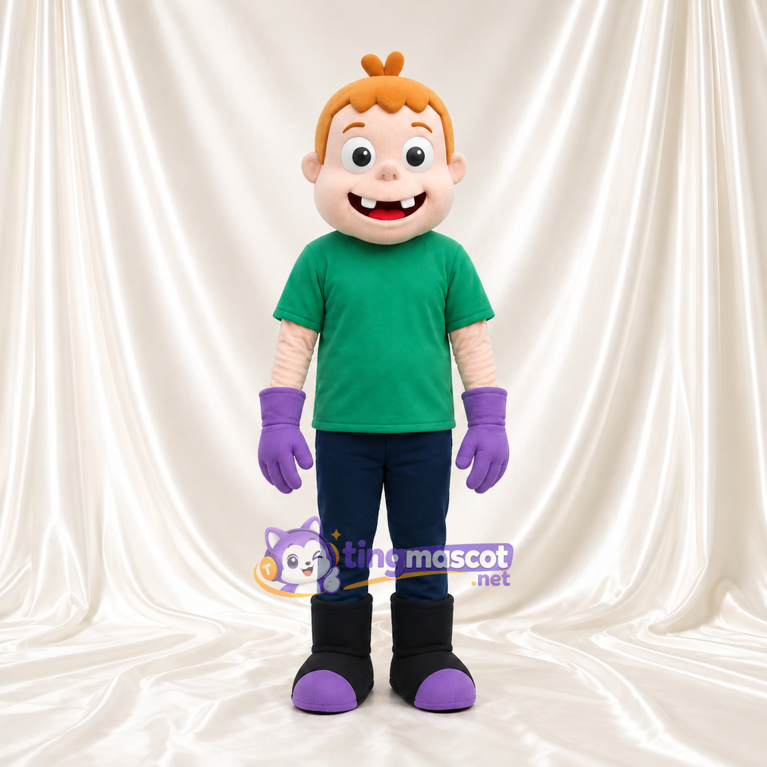 Maskottchenkostüm Jungenfigur – wie abgebildet – Hemd (grün); Handschuhe (violett) Maskottchenkostüm Jungenfigur – wie abgebildet – Hemd (grün); Handschuhe (violett)