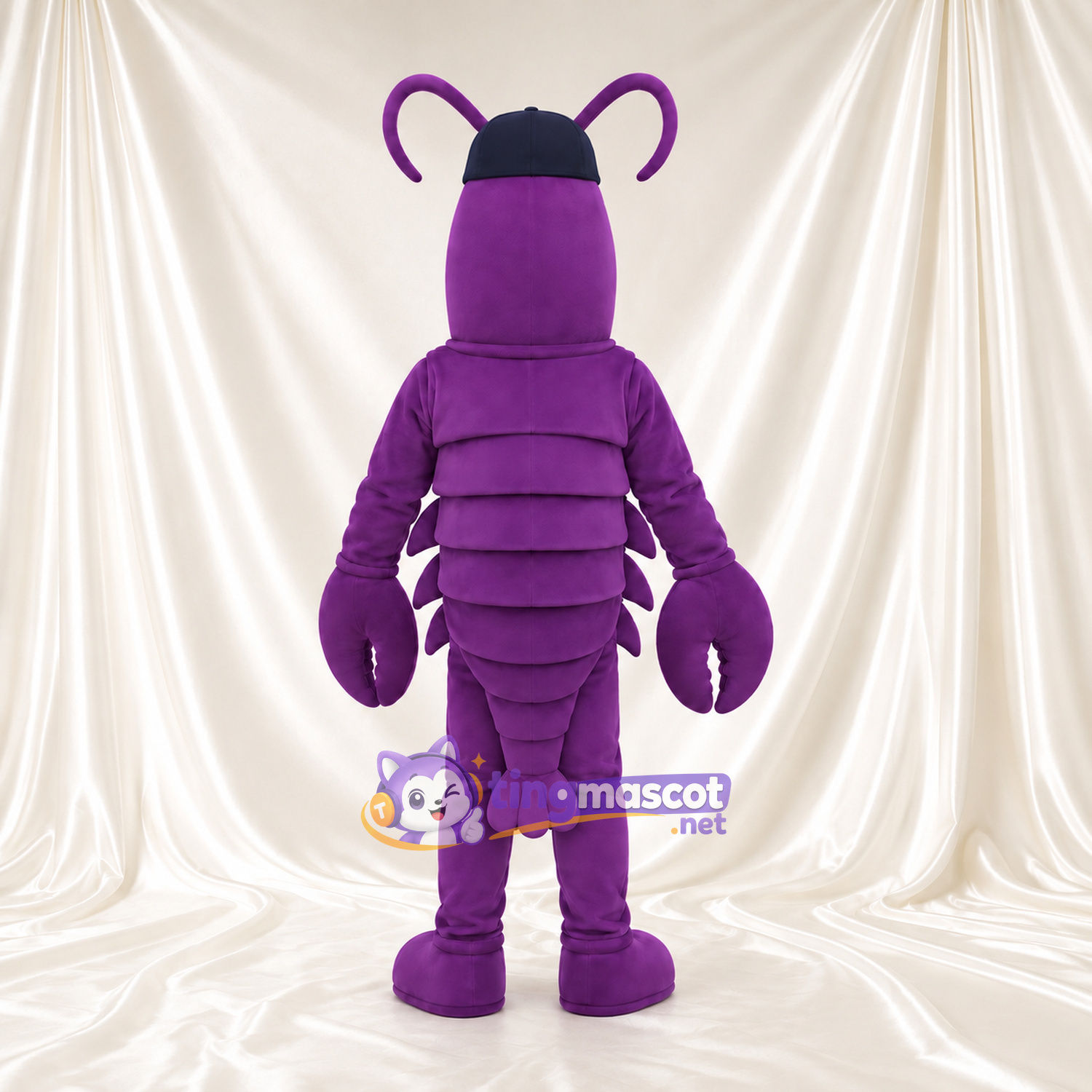 Purple Lobster Mascot Costume - Navy Cap and Curved Antennae Purple Lobster Mascot Costume - Navy Cap and Curved Antennae