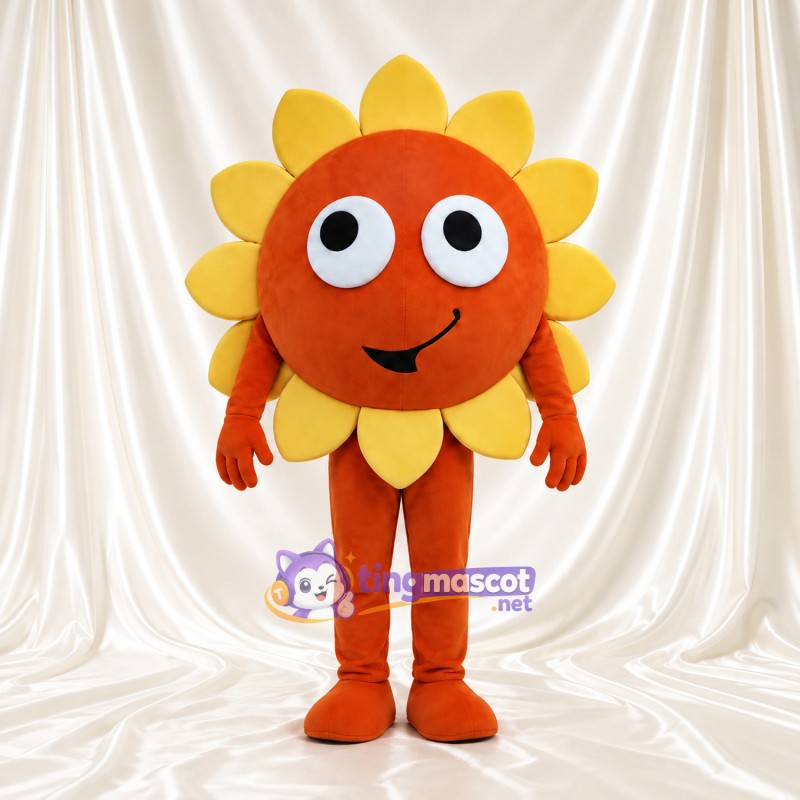 Sunflower Mascot Costume - Orange Smiling Face and Yellow Petals Sunflower Mascot Costume - Orange Smiling Face and Yellow Petals